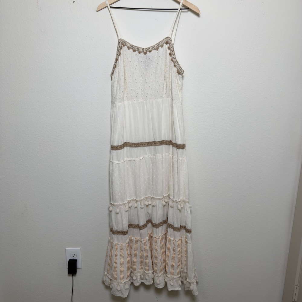 Me 2 Magic Women Cottagecore Dress XL White Cotton Eyelet Tiered Tassel Boho